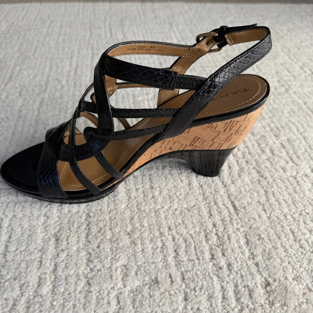 Tahari Petunia Black Snake Embossed Leather Cork Wedge Sandals Women 8.5 Strappy